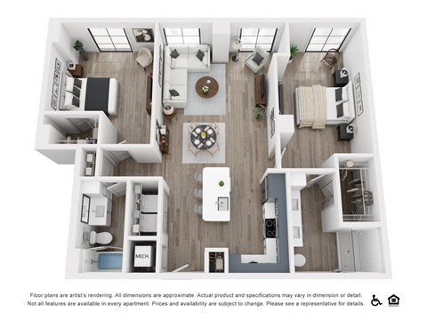 Floor plan for 2 beds, 2 baths, 1257 sqft
